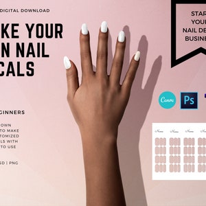 Könnte beinhalten: Ein rosa Hintergrund mit dem Text "MAKE YOUR OWN NAIL DECALS" in Schwarz. Der Text "FOR BEGINNERS" befindet sich unter dem Haupttext. Eine Hand mit weißem Nagellack ist auf der linken Seite des Bildes zu sehen. Auf der rechten Seite des Bildes befindet sich ein schwarzes Banner mit dem Text "START YOUR NAIL DECAL BUSINESS!" in Weiß. Unter dem Banner befinden sich drei Symbole: Canva, Photoshop und PNG. Unter den Symbolen befindet sich ein weißes Blatt Papier mit einem Raster von Nagelaufklebern. Der Text "USE YOUR OWN PICTURES TO MAKE YOUR CUSTOMIZED NAIL DECALS WITH OUR EASY TO USE TEMPLATE. CANVA | PSD | PNG" befindet sich unter dem Bild der Nagelaufkleber.