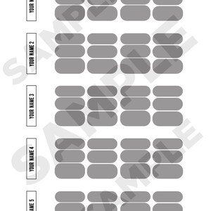 May include: A printable chart with five sections labeled "Your Name 1" through "Your Name 5". Each section has eight gray circles arranged in two rows of four.