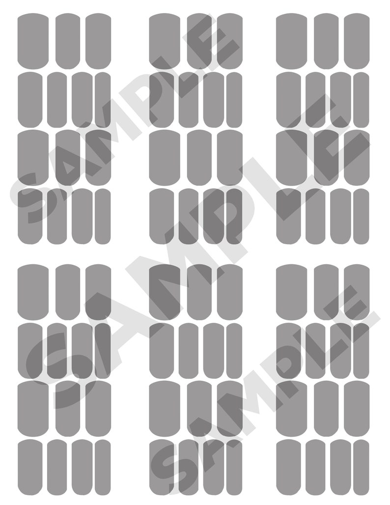 May include: A set of 18 gray nail stickers in a rectangular shape. The stickers are arranged in three rows of six stickers each.