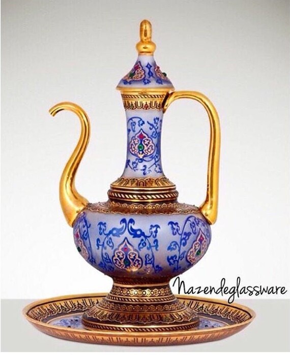 Decorative Glass Pitcher & Plate Blue Gold Etsy