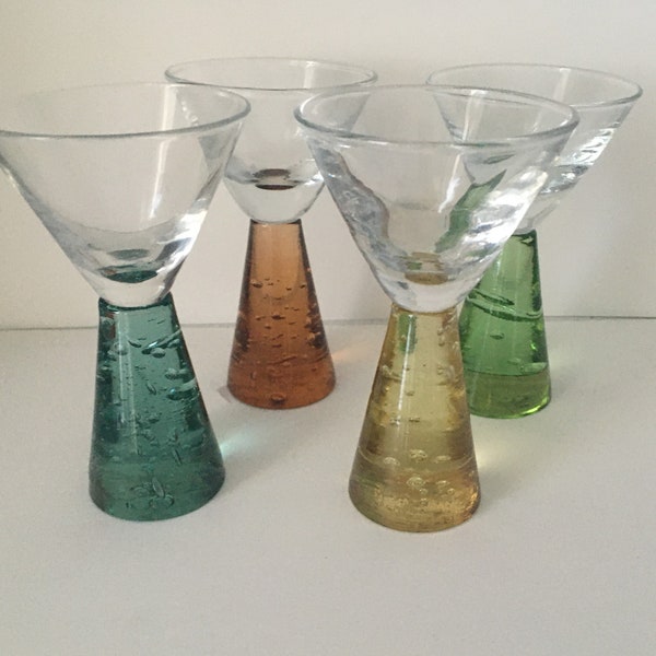 Bullicante Set of 4 Coloured Triangular Stem Hand Blown Shot Glasses, Murano?