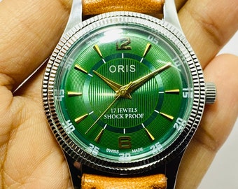 Vintage Rare ORIS Green Dial Mechanical Hand Winding Movement ST-96 Swiss Mens Wrist Watch