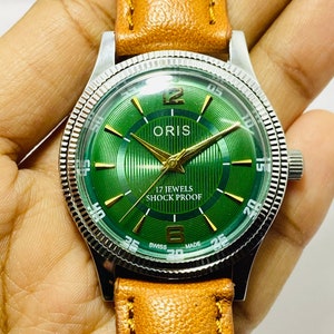 Vintage Rare ORIS Green Dial Mechanical Hand Winding Movement ST-96 Swiss Mens Wrist Watch