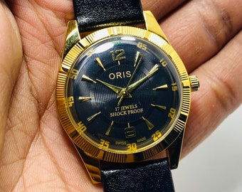 Rare Vintage ORIS Black Dial With Golden Case Mechanical Hand Winding FHF Movement ST-96 Swiss Made Wrist watch