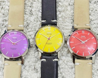 Montres vintage HMT Slim mécanique à remontage manuel, 17 rubis, cadran violet, rouge et jaune ~ Fabriquée en Inde ~ Cadeau pour lui/elle ~ Lot de 3 montres