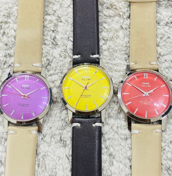 Vintage HMT Slim Mechanical Handwinding 17jewels Purple Red and Yellow Dial Wrist Watches Made in India Gift for Him her 3 Watches Lot Etsy UK