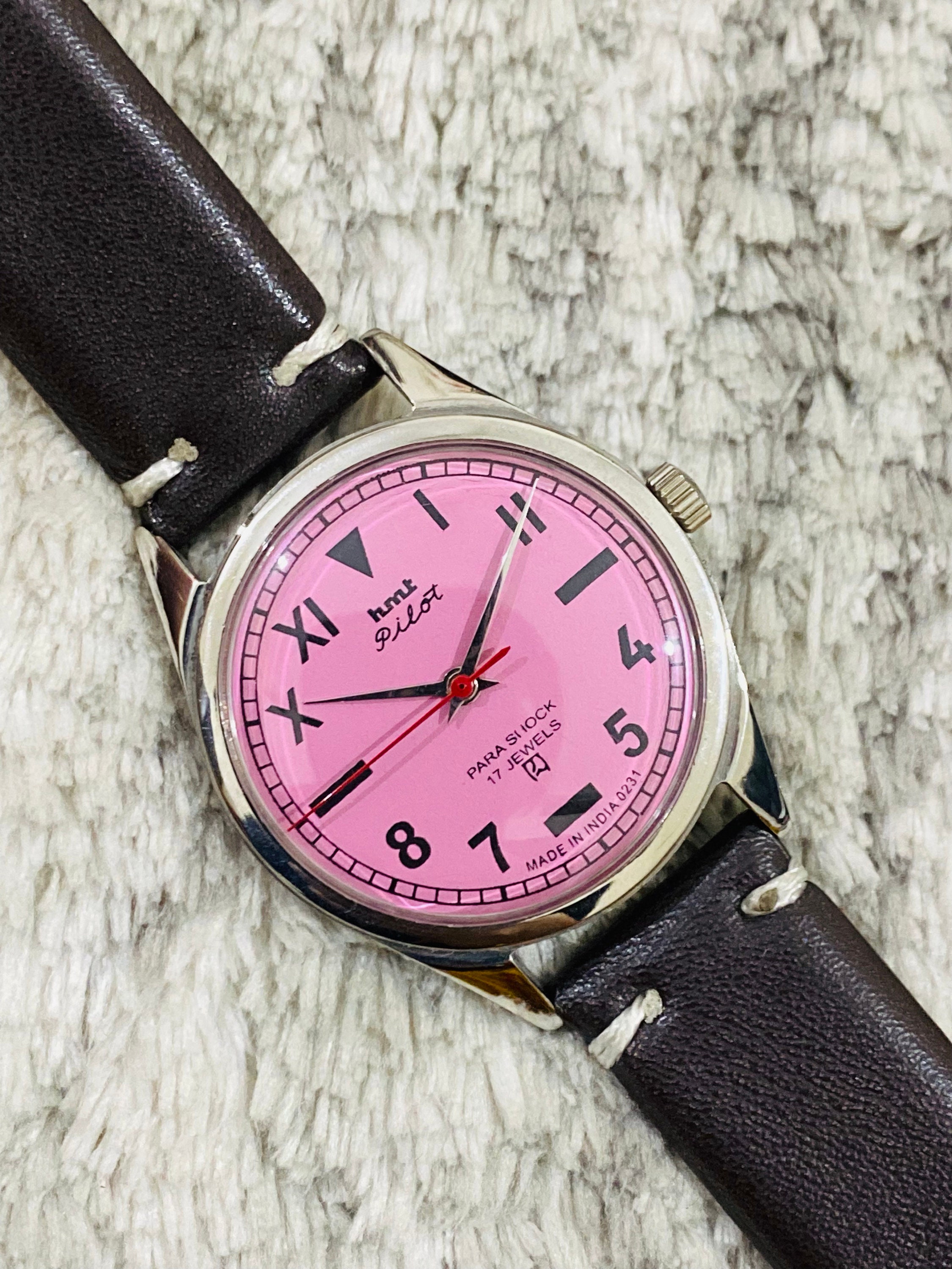 Vintage HMT Pilot Watch, Pink Dial, Mechanical Handwinding, Made
