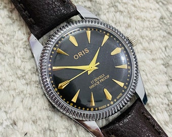 希少なヴィンテージ ORIS ブラックダイヤル 手巻き腕時計 メンズ FHF