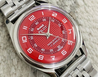 Vintage HMT Pilot Mechanical Handwinding Red Dial 17Jewels Mens Wrist Watch~ Vintage Watch~ Gift for Him~ Made in India