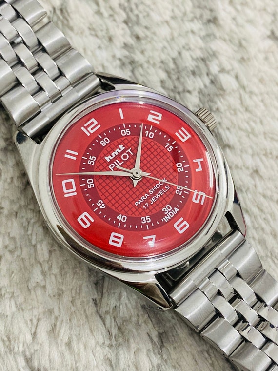 Vintage HMT Pilot Mechanical Handwinding Red Dial 17Jewels Mens Wrist Watch~ Vintage Watch~ Gift for Him~ Made in India