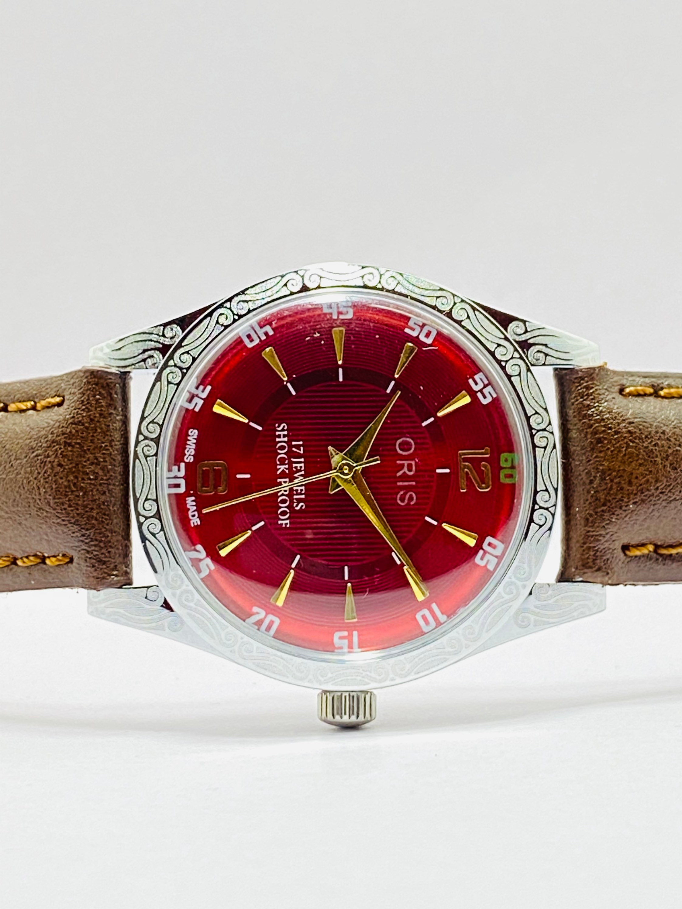 Rare Vintage ORIS Red Dial Mechanical Hand Winding FHF Movement ST