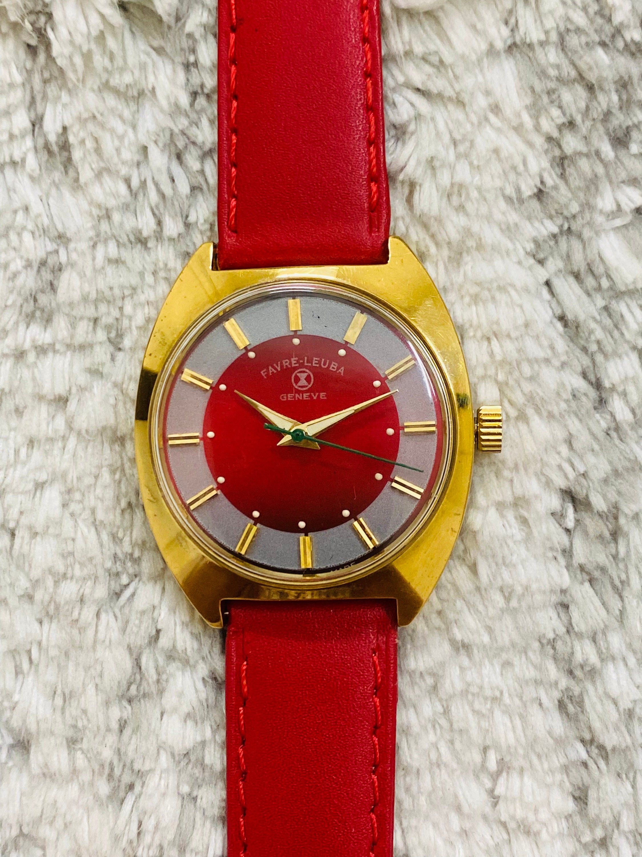 Vintage Favre Leuba Geneve Red Dial Mechanical Handwinding 