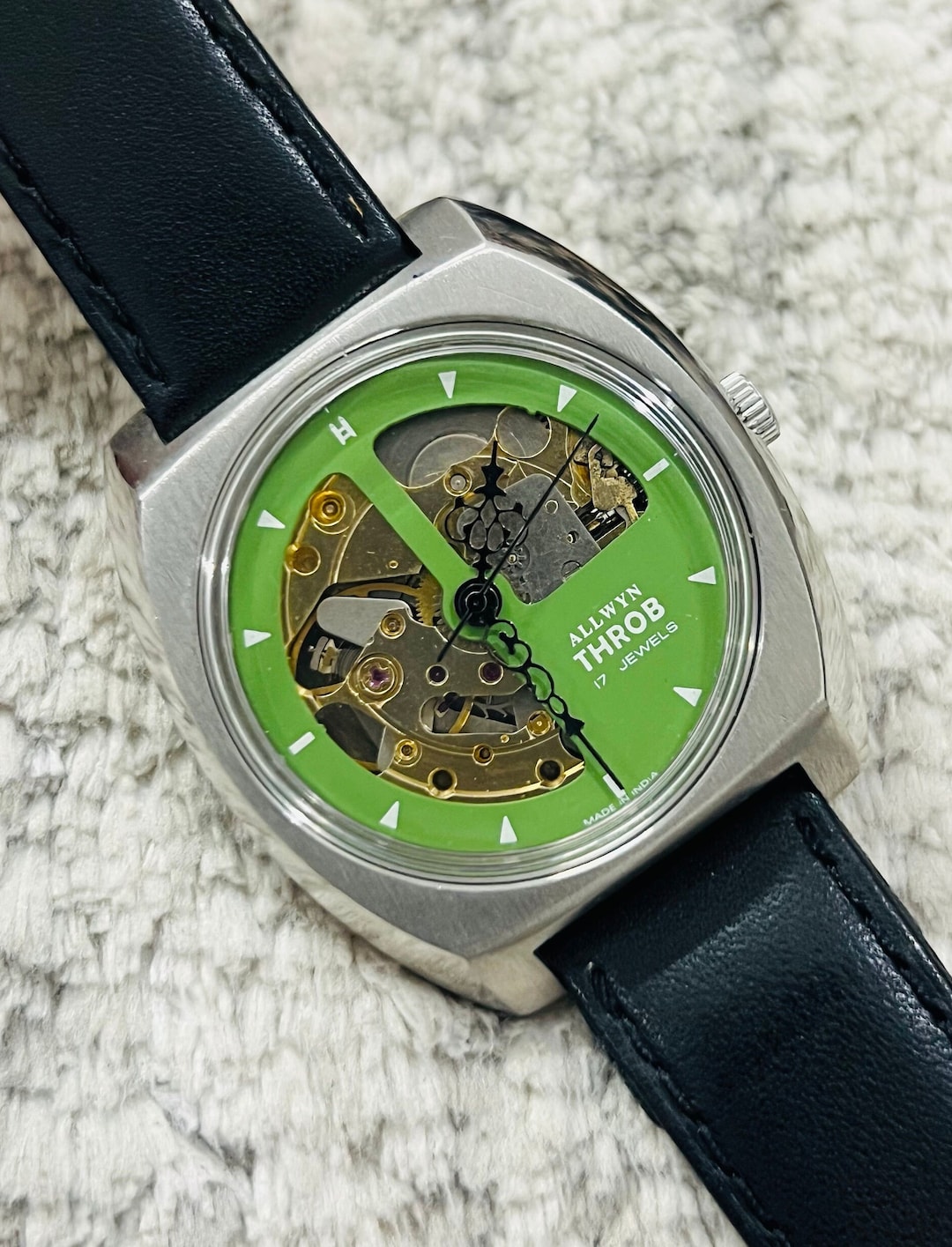 Vintage Allwyn Throb Green Dial 17jewels Automatic Skeleton Men's Wrist ...