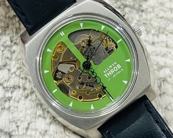 Vintage Allwyn Throb grünes Zifferblatt 17Jewels Automatik Skelett Herrenarmbanduhr - Made in India - Geschenk für Ihn