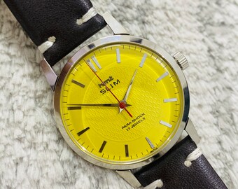 Vintage HMT Slim mécanique à remontage manuel cadran jaune 17 bijoux montre-bracelet ~ Fabriqué en Inde ~ Cadeau pour lui/elle