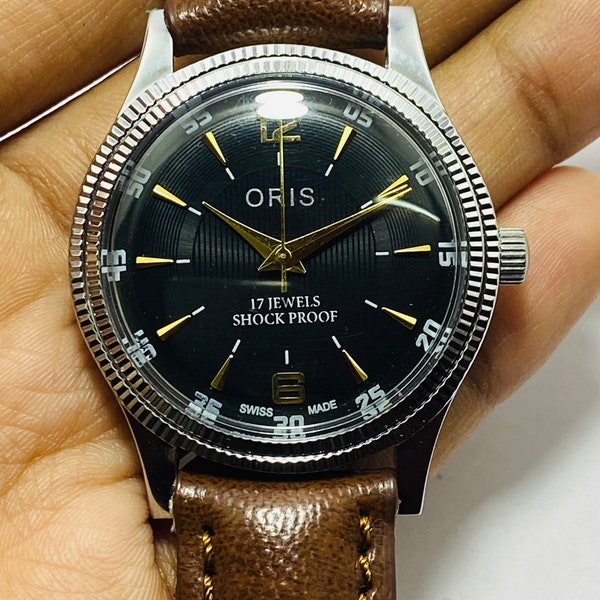 Rare Vintage ORIS Black Dial Hand Winding Wrist watch Men'S Gents FHF Movement ST-96 Swiss