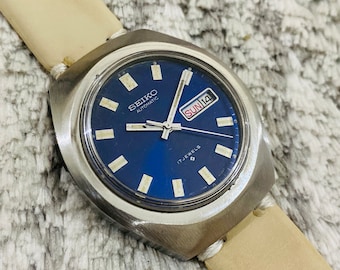 Vintage Rare Seiko Mechanical Automatic Blue Dial Movement No.6109-8029 Day/Date 17Jewels Men's Wrist Watch