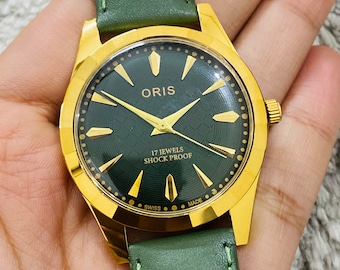 Rare Vintage ORIS Green Dial Hand Winding FHF Movement ST-96 Swiss Mens Wrist Watch~ Swiss Made~ Gift for Him/Her~ Christmas Sale