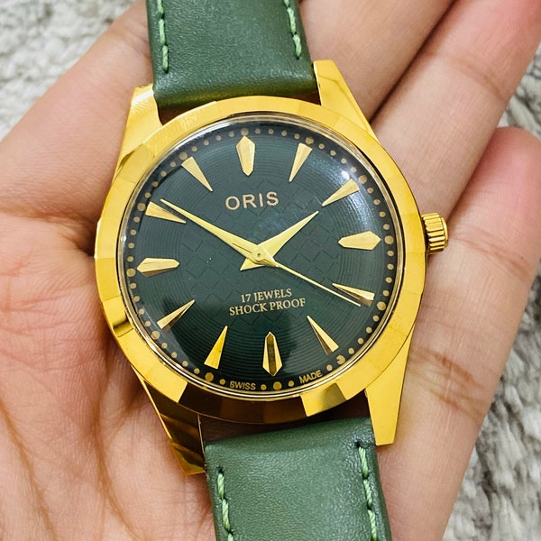 Rare Vintage ORIS Green Dial Hand Winding FHF Movement ST-96 Swiss Mens Wrist Watch