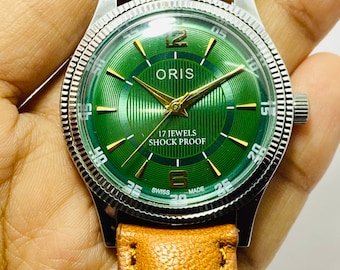 Vintage Rare ORIS Green Dial Mechanical Hand Winding Movement ST-96 Swiss Mens Wrist Watch