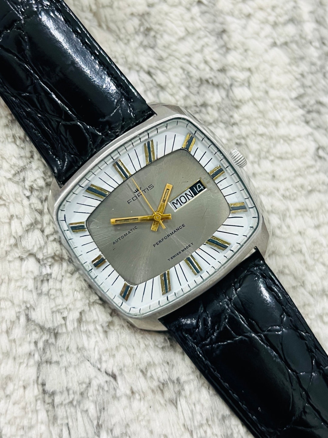 Rare Vintage Fortis Performance Grey Dial Tv Case Swiss Made Wrist