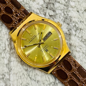 Vintage Rare HMT Kanchan Deluxe Golden Dial Mechanical Automatic Date/Day 21Jewels Wrist Watch
