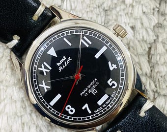 Reloj de pulsera mecánico vintage HMT Pilot de cuerda manual con esfera negra y 17 joyas para hombre ~ Regalo de Navidad