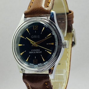 Rare vintage ORIS cadran noir montre-bracelet à remontage manuel pour homme mouvement FHF ST-96 suisse image 2