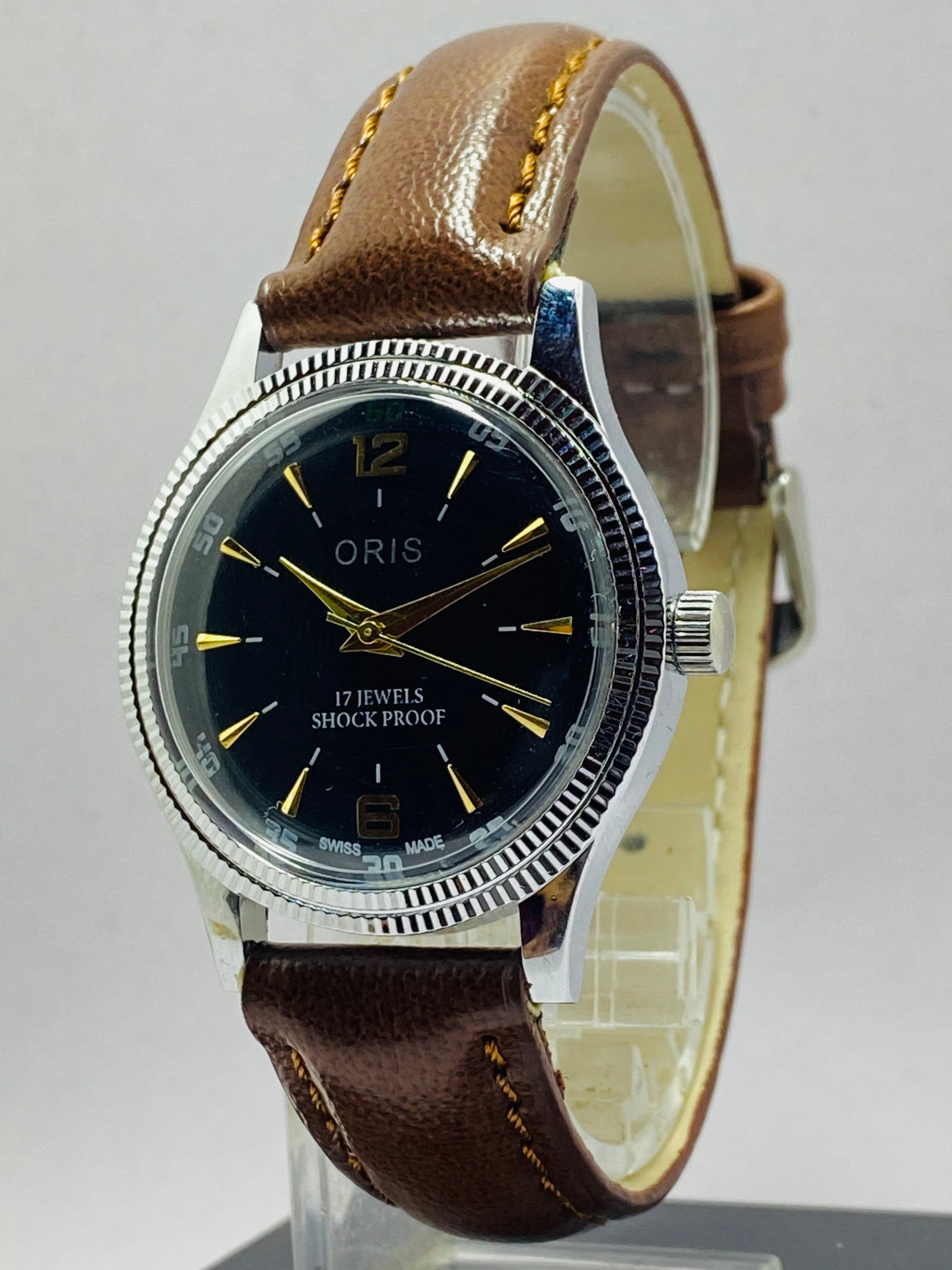 希少なヴィンテージ ORIS ブラックダイヤル 手巻き腕時計 メンズ FHF