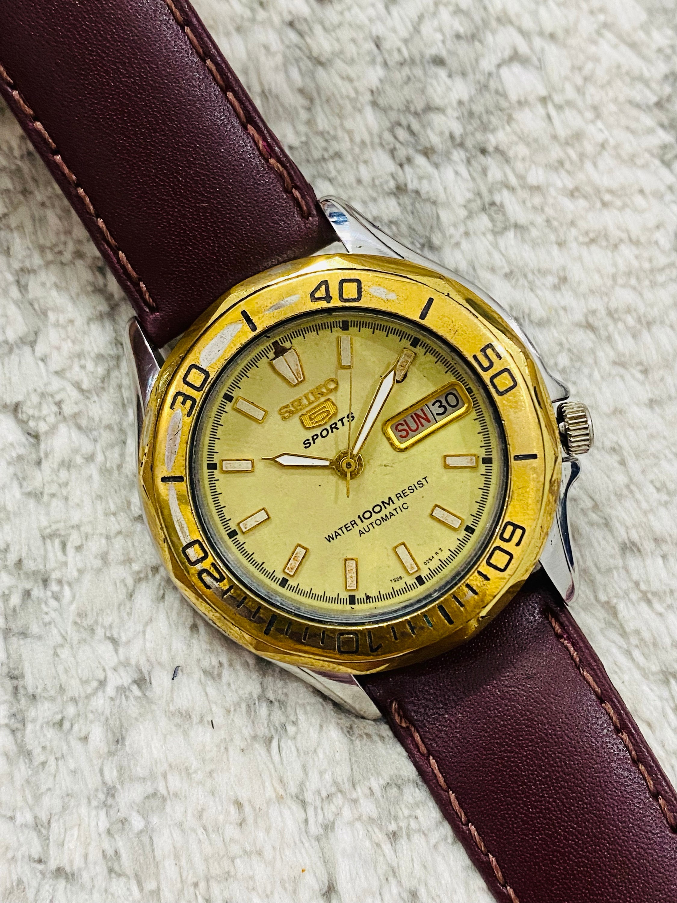 Vintage Seiko 5 Sports 100m Automatic Golden Dial With Transparent