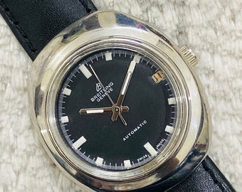 Vintage Breitling Geneve Automático Movimiento Suizo Esfera Negra Fecha/Día Reloj de pulsera para hombre