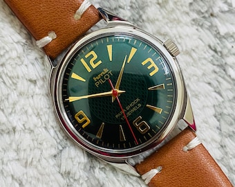 vintage HMT Pilot Mécanique à remontage manuel Cadran texturé vert 17Jewels Montre-bracelet pour homme