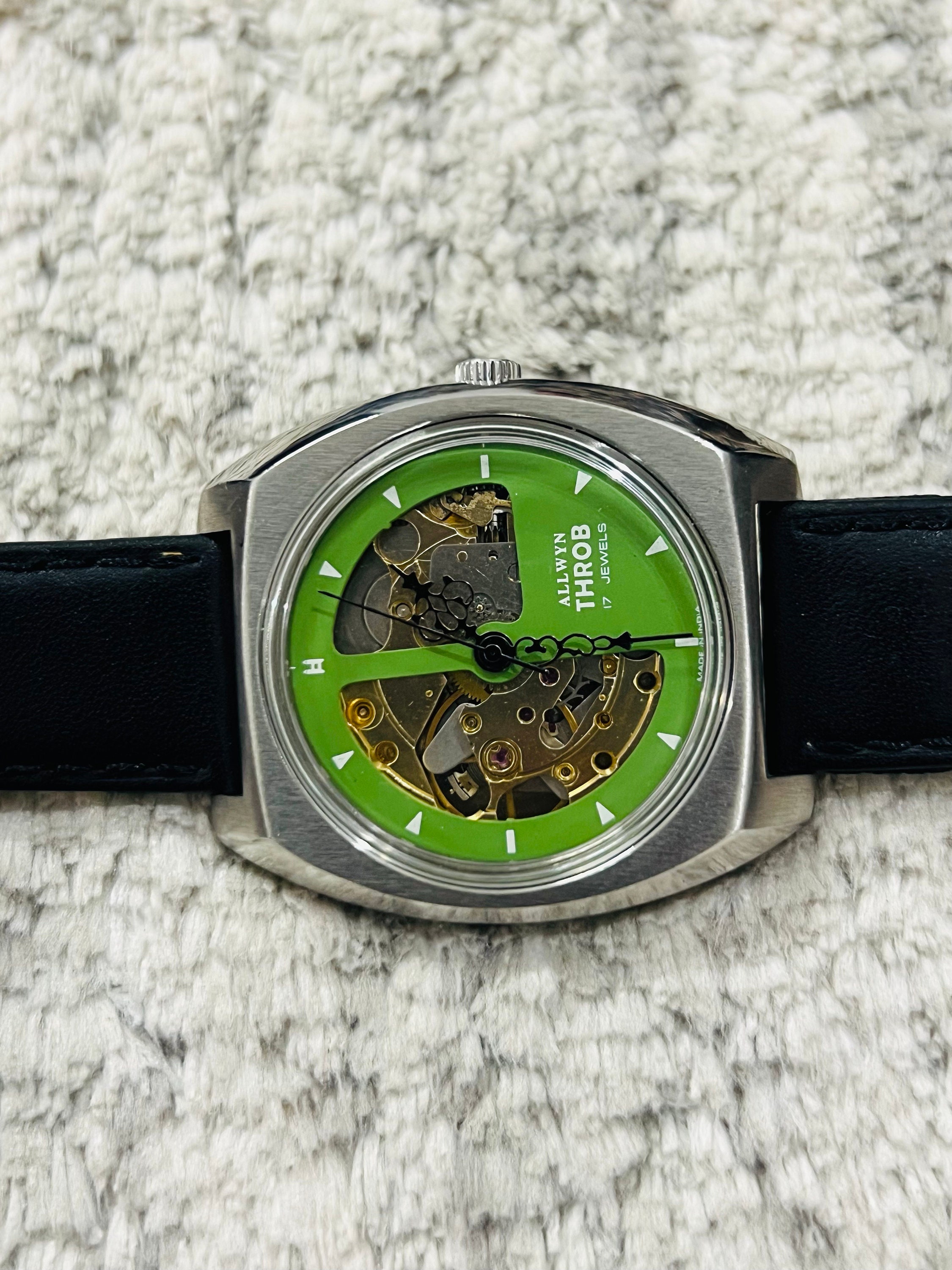 Vintage Allwyn Throb Green Dial 17jewels Automatic Skeleton Men's Wrist ...