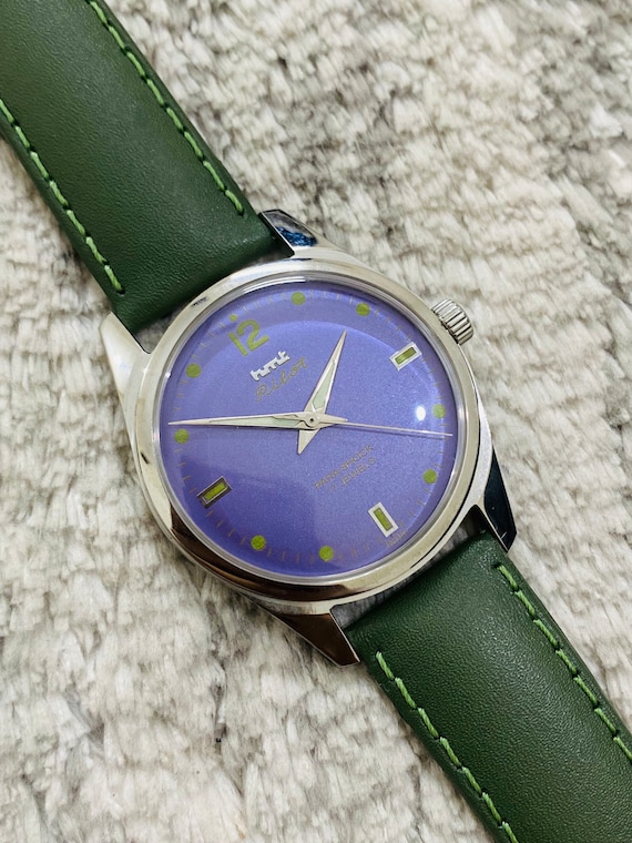 Vintage HMT Pilot Mechanical Handwinding Purple Dial 17Jewels Mens Wrist Watch~ Made in India