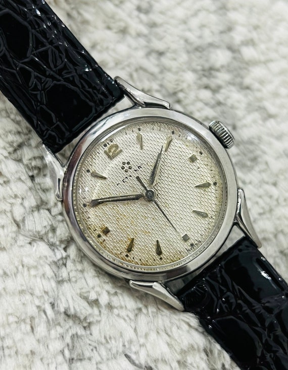 Rare 1950s ETERNA-MATIC Automatic Silver Textured Dial Fancy Lug