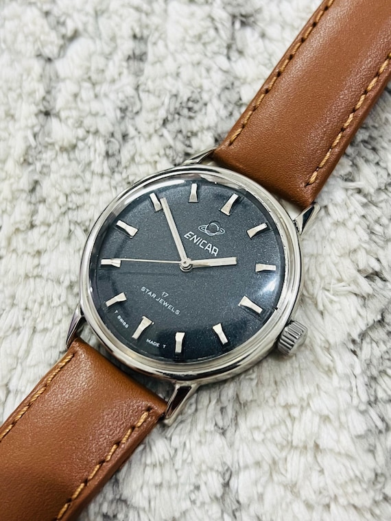 Vintage Enicar 17 Star Jewels Manual Winding Black Dial Swiss Made