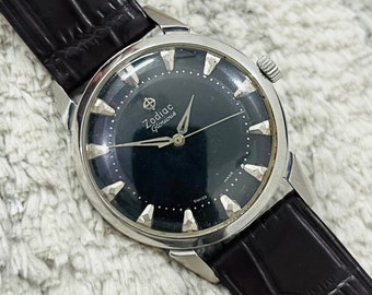 Vintage 1960er Jahre Zodiac Glorious Handaufzug Schwarzes Zifferblatt 17Jewels Swiss Made Armbanduhr ~ Swiss Made ~ Geschenk für Sie / Ihn