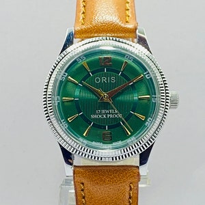 Orologio da polso da uomo svizzero raro vintage ORIS con quadrante verde e movimento meccanico a carica manuale ST-96 immagine 2