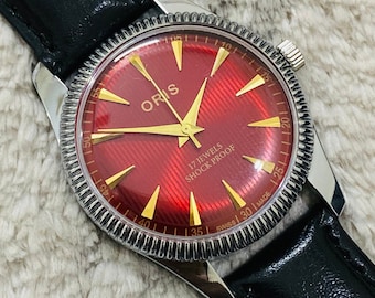 Rare Vintage ORIS Red Dial Hand Winding FHF Movement ST-96 Swiss Mens Wrist Watch