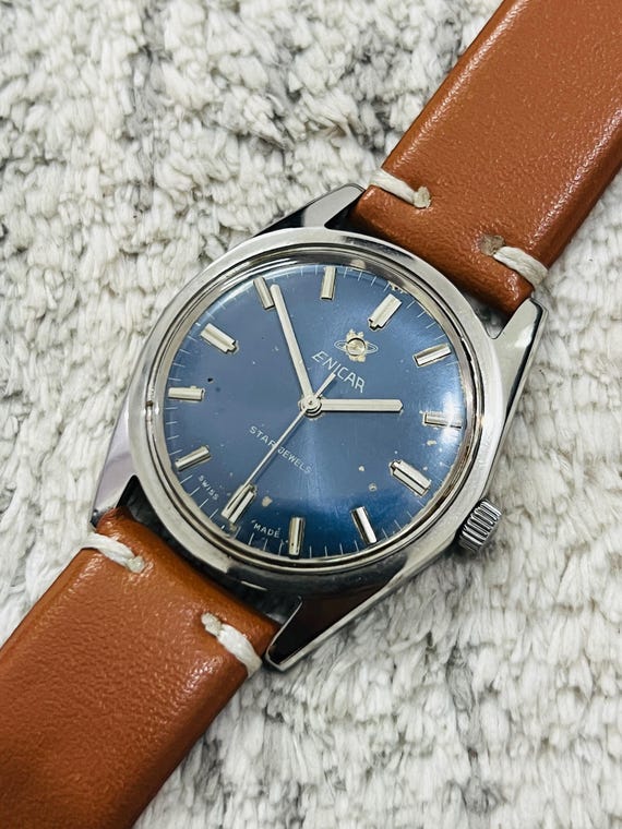 Vintage Enicar 17 Star Jewels Manual Winding Blue Dial Swiss Made