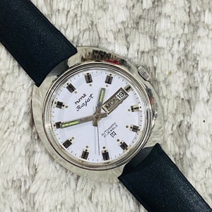 Vintage HMT Rajat Mechanical Automatic White Dial Date/Day 21Jewels Mens Wrist Watch