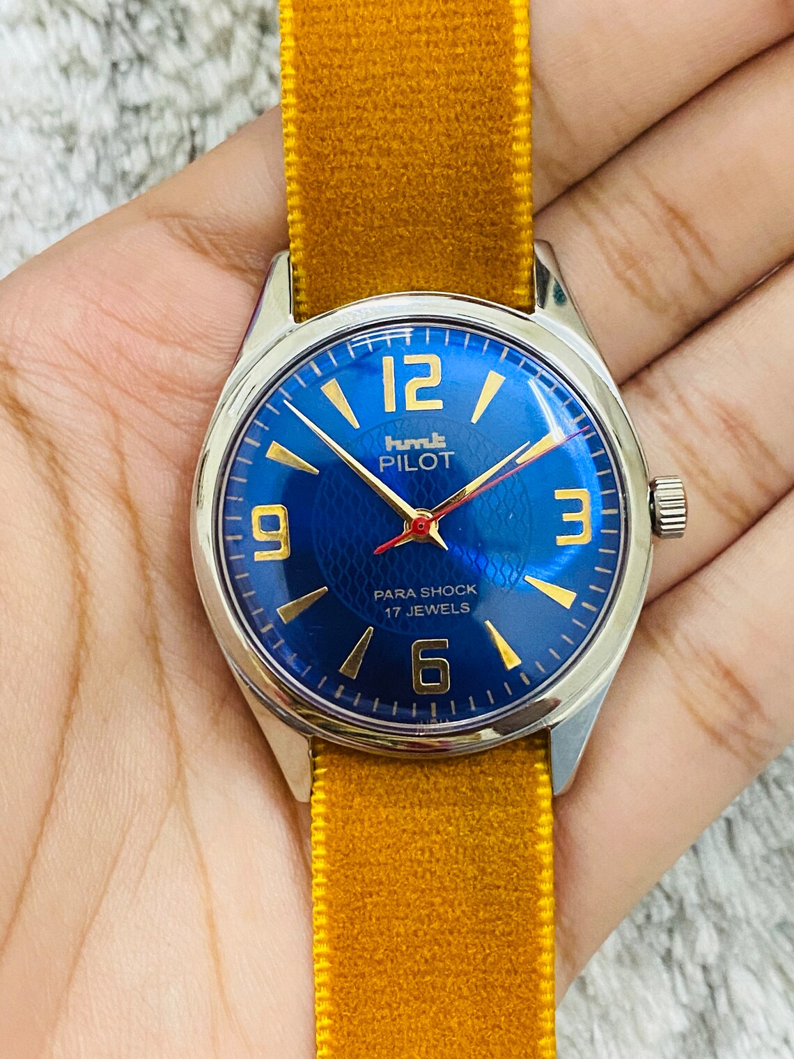 Vintage HMT Pilot Mechanical Handwinding Blue Dial 17Jewels Mens Wrist Watch, foto 3 di 5