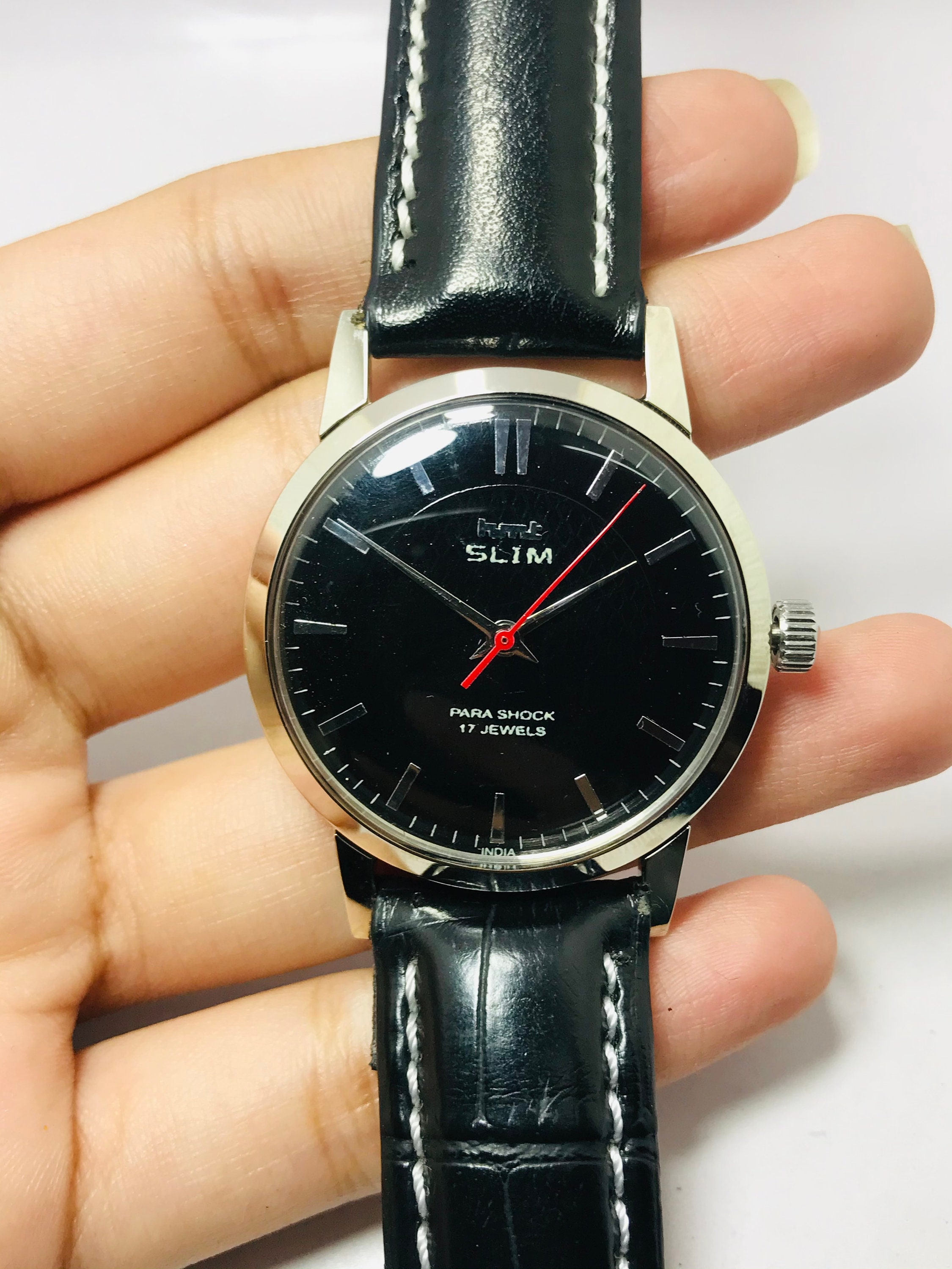 Hmt Slim Mechanical Manual Winding 17jewels Black Dial Mens Wrist Watch Made in India Vintage Watch Etsy Canada