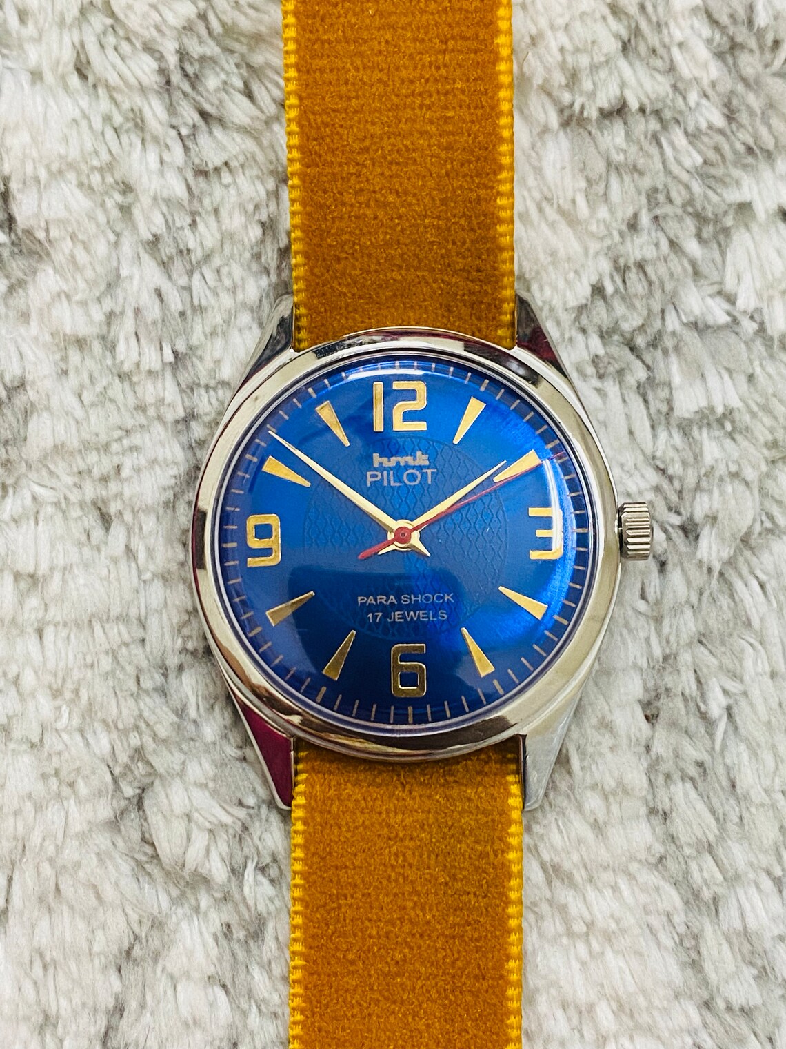 Vintage HMT Pilot Mechanical Handwinding Blue Dial 17Jewels Mens Wrist Watch, foto 4 di 5