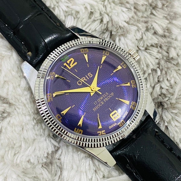 Rare vintage ORIS cadran violet montre-bracelet à remontage manuel pour homme mouvement FHF ST-96 suisse