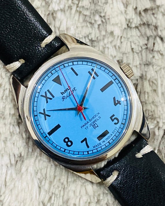 Vintage HMT Pilot Mechanical Handwinding Watch ~ Roman Numerals ~ Blue Dial 17Jewels Mens Wrist Watch