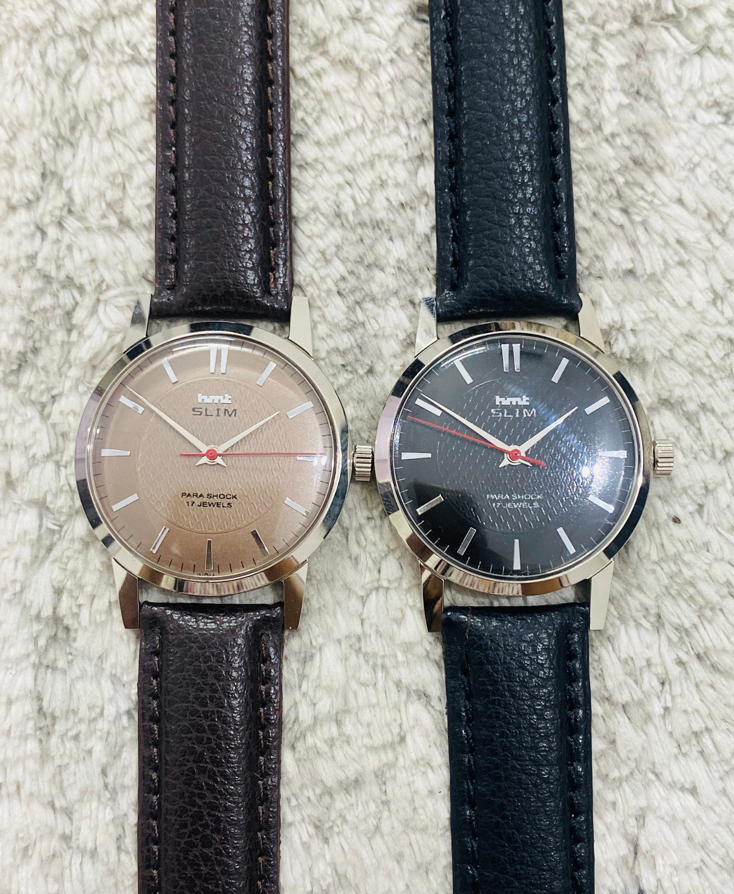 ヴィンテージ HMT スリム 機械式 手巻き 17 石 ブラックとブラウン