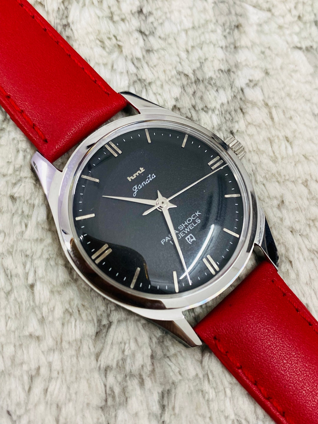 Vinatge Hmt Janata Mechanical Manual Winding Black Dial 17jewels