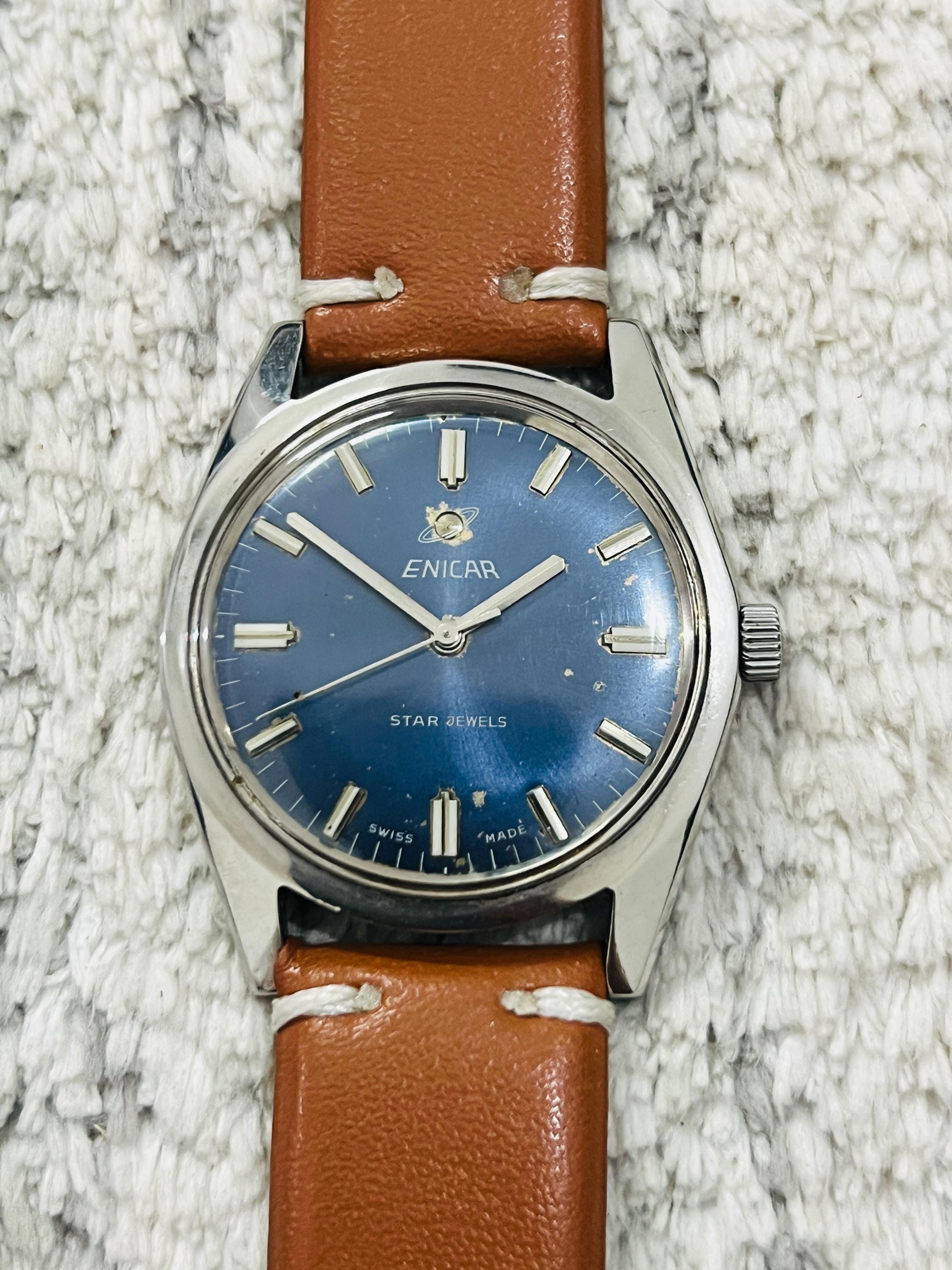 Vintage Enicar 17 Star Jewels Manual Winding Blue Dial Swiss Made