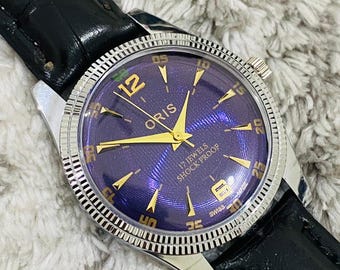 Raro reloj de pulsera ORIS vintage con esfera morada y cuerda manual para hombre, movimiento FHF ST-96 suizo. Oferta de Navidad.